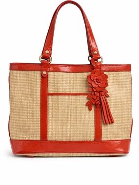 Cole Haan Straw Tote with Red Trim and Floral Tassel